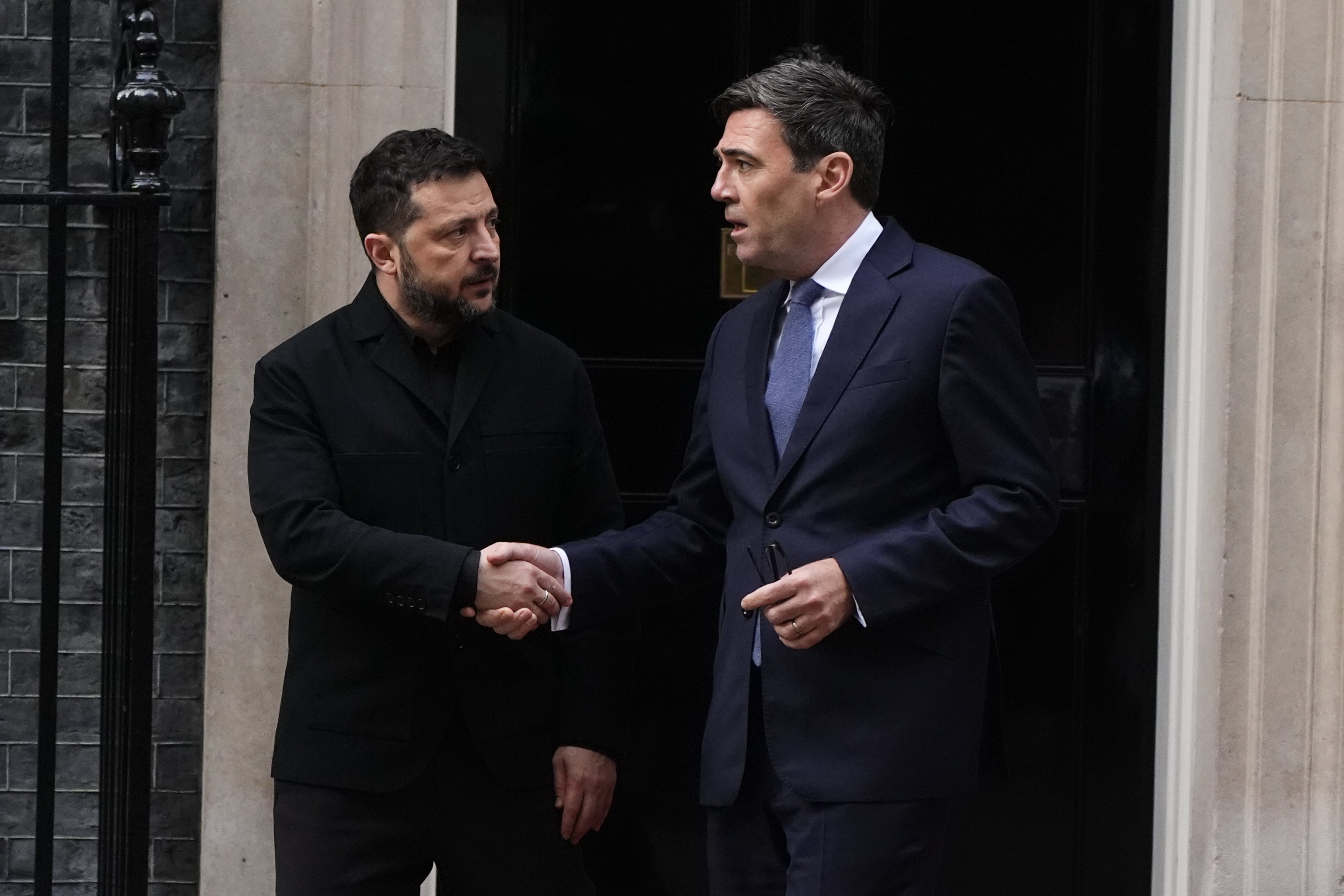 President of Ukraine Volodymyr Zelensky and Prime Minister Andy Burnham leave number 10 Downing Street