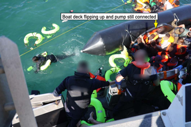 Chaos ensued when people rushed to board the UK border force vessel and part of the flimsy dinghy collapsed