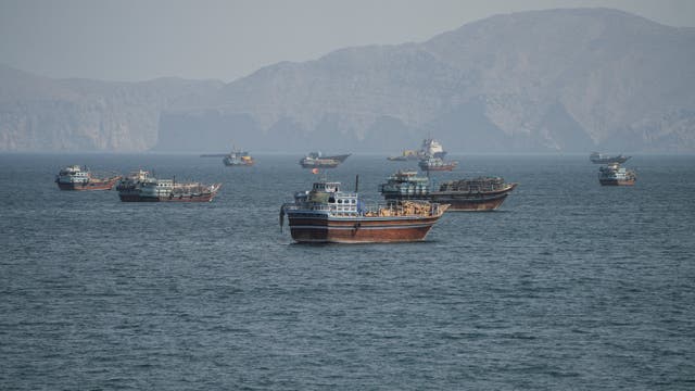 Vessels at the Strait of Hormuz, as seen from Musandam, Oman, October 2