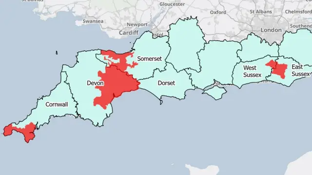 Map of Southern England shows the areas of Parts of Cornwall, Devon, Dorset, Somerset, East Sussex and West Sussex affected by the severe drought in red