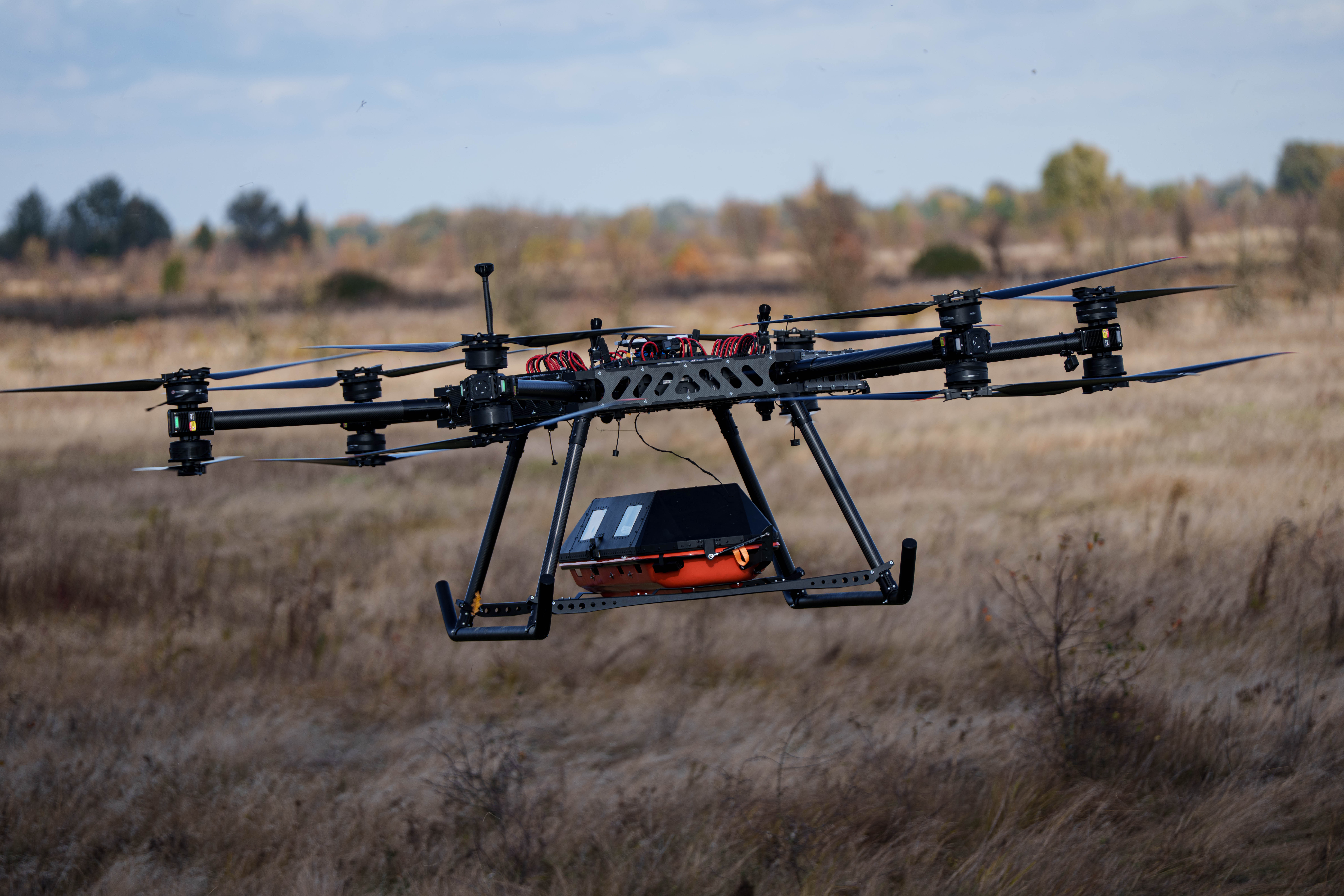 The aerial medical evacuation drone was developed over the past year by Ukrainian defense technology company SkyFall (AP/Evgeniy Maloletka)