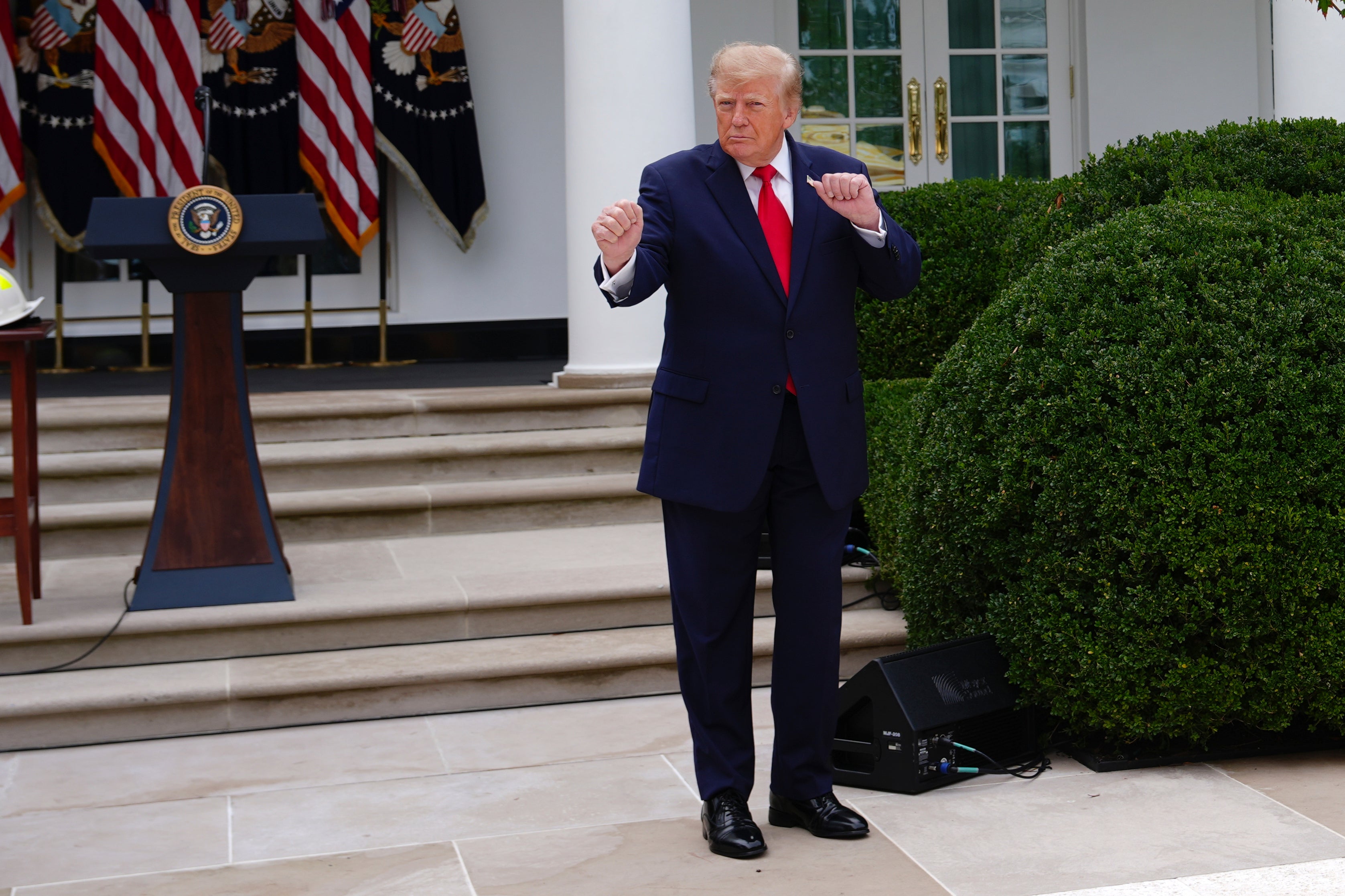 Trump performed his signature YMCA ‘dance’ for attendees after meandering remarks in the White House Rose Garden
