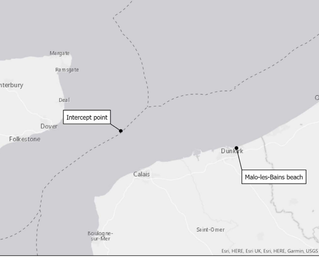 The dinghy launched from a canal system at Malo-les-Bains, before picking up more people from a beach, and then being intercepted by a French vessel