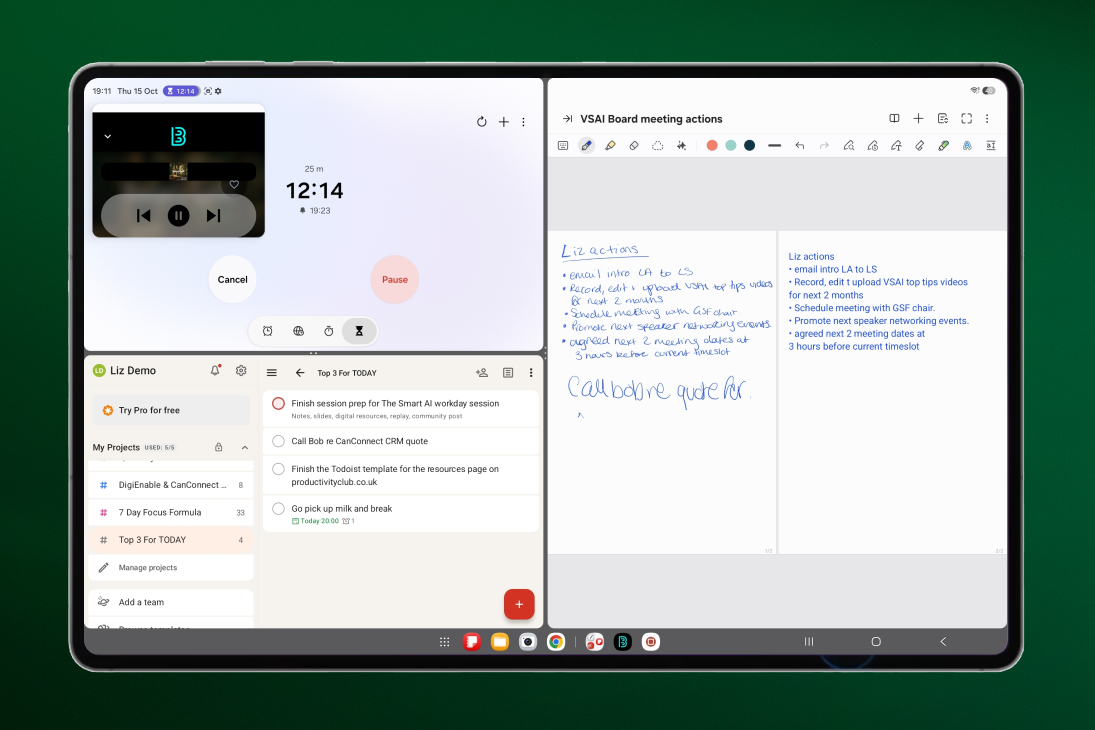 Liz used the Samsung Galaxy Tab S12 Ultra to organise tasks into 25-minute focused bursts, keeping her timer, task list and notes open side by side