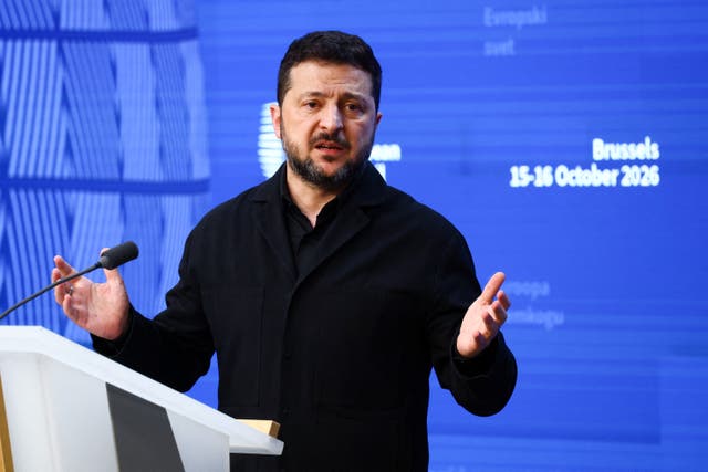 Ukrainian President Volodymyr Zelenskiy speaks during a press conference at a European Union leaders' summit in Brussels, Belgium