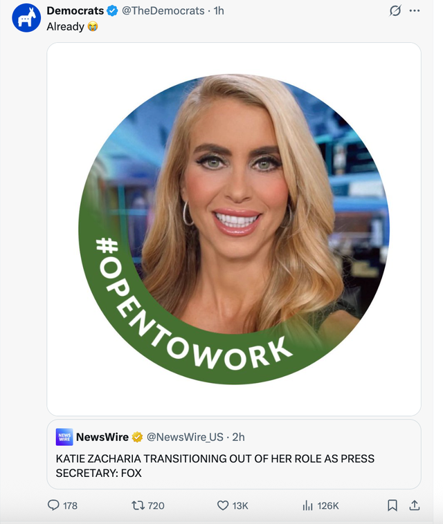 Democrats were leading the mocking, with the party’s official account sharing a spoof LinkedIn profile picture of Zacharia being ‘#Opentowork’