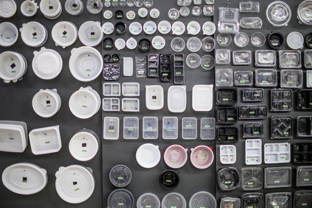 Single-use food plastic containers are seen on display at a wholesale dealer's store in Seoul, South Korea