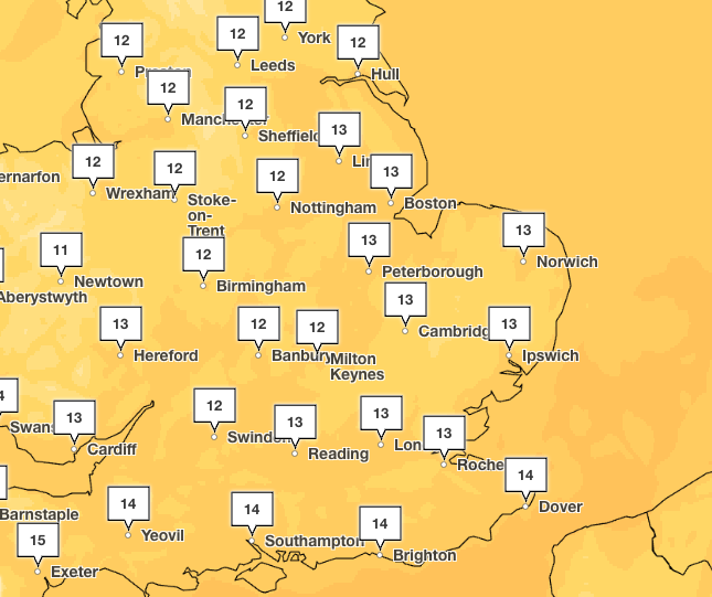 Temperatures across the UK are expected to drop with highs of 14C on Saturday