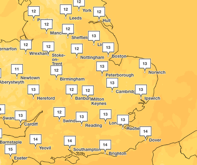 Temperatures across the UK are expected to drop with highs of 14C on Saturday