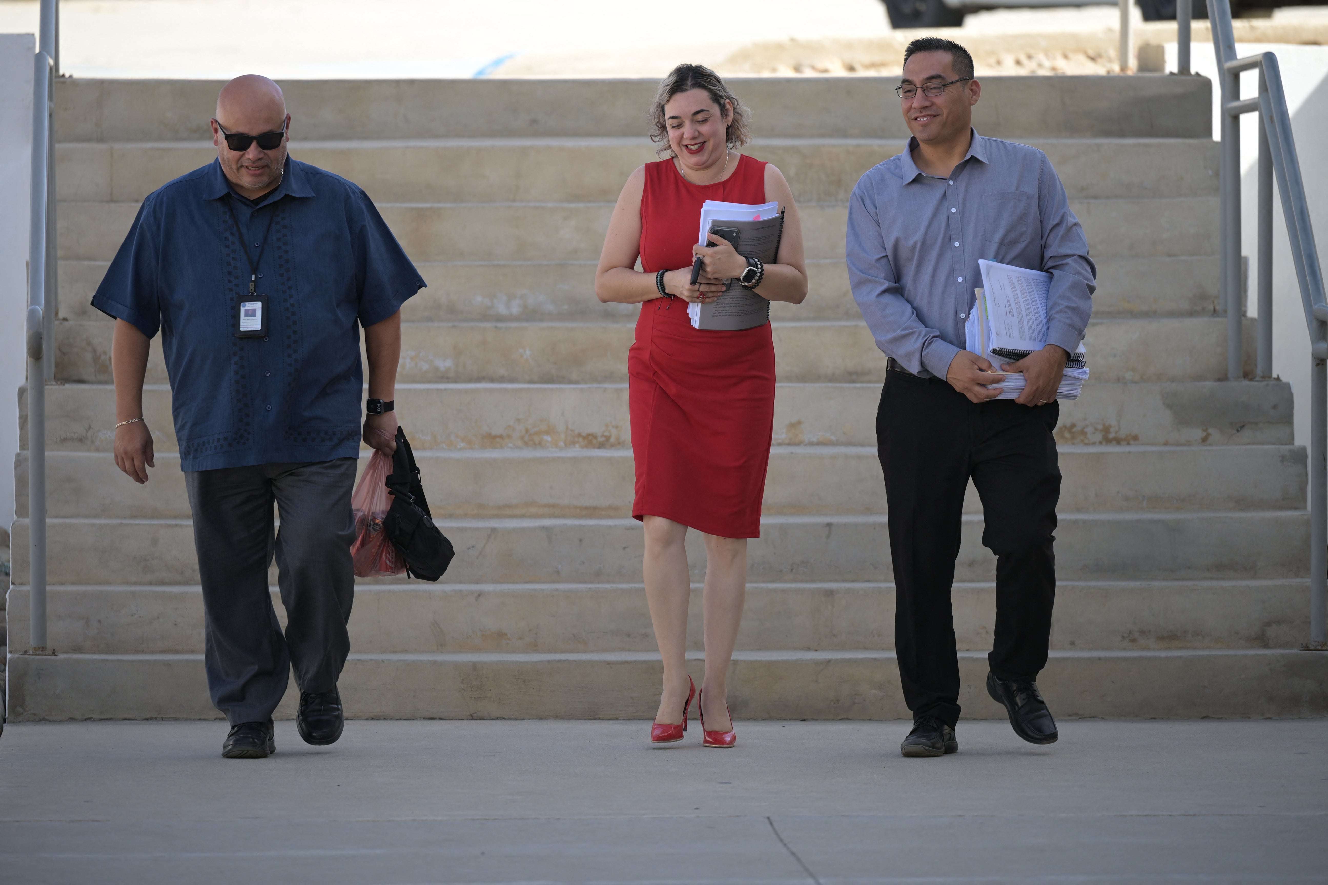 Members of the prosecution team arrive at the civil court facilities in Ensenada, Baja California state, Mexico on 16 October 2026