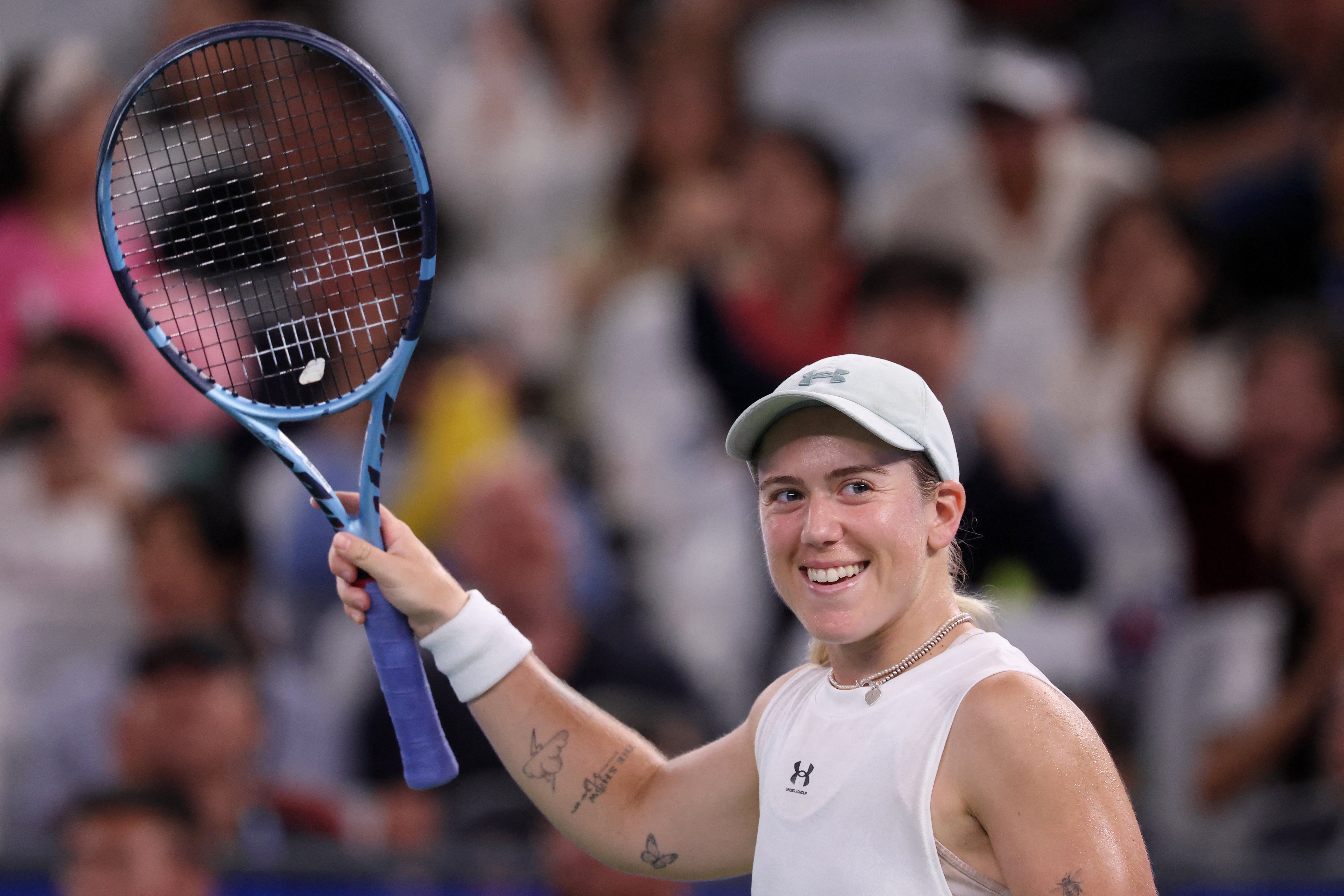 <p>Britain’s Sonay Kartal celebrates winning her semi-final match against Latvia’s Jelena Ostapenko </p>