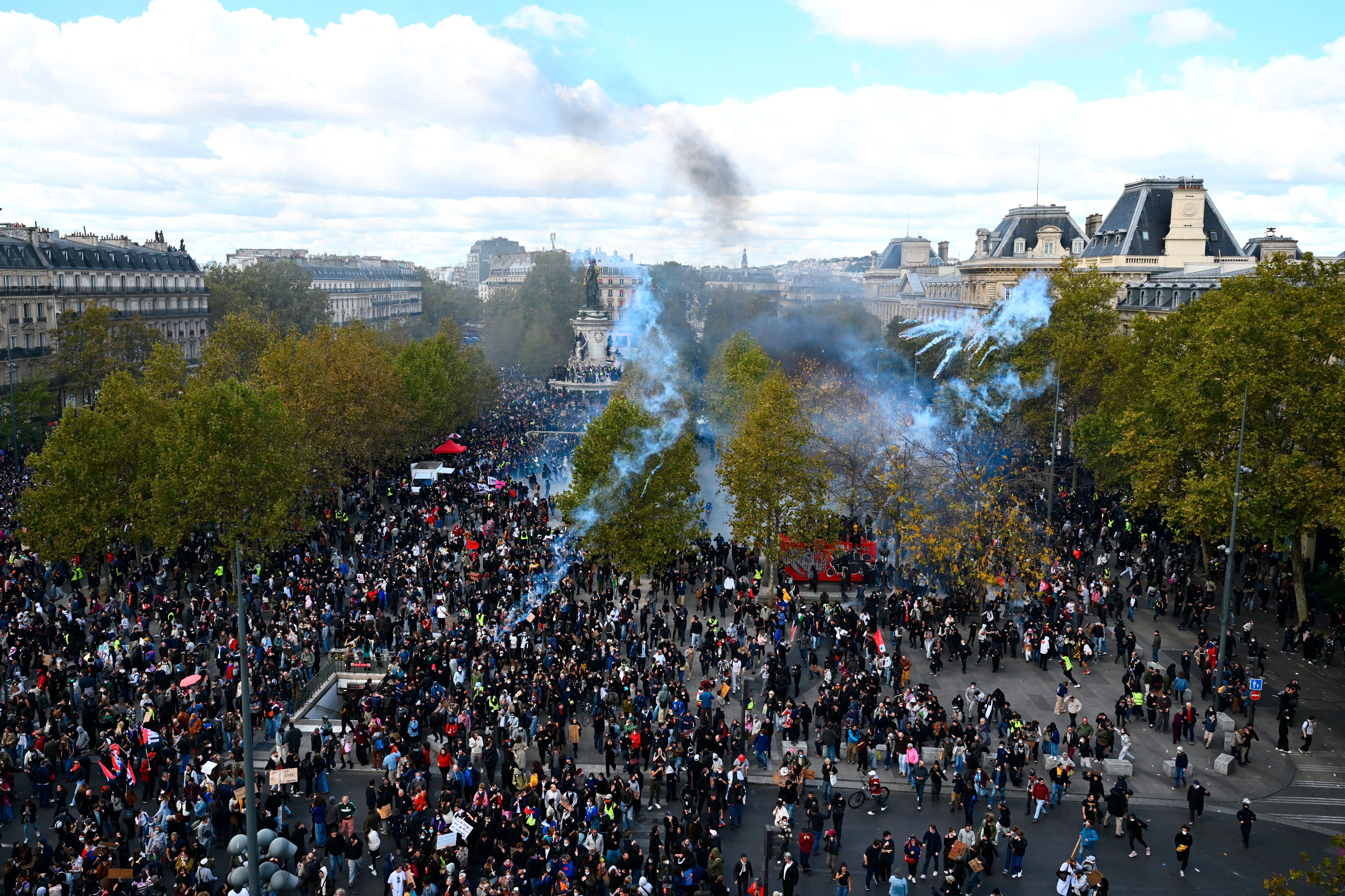 Tear gas smoke rises at Place de la Republique