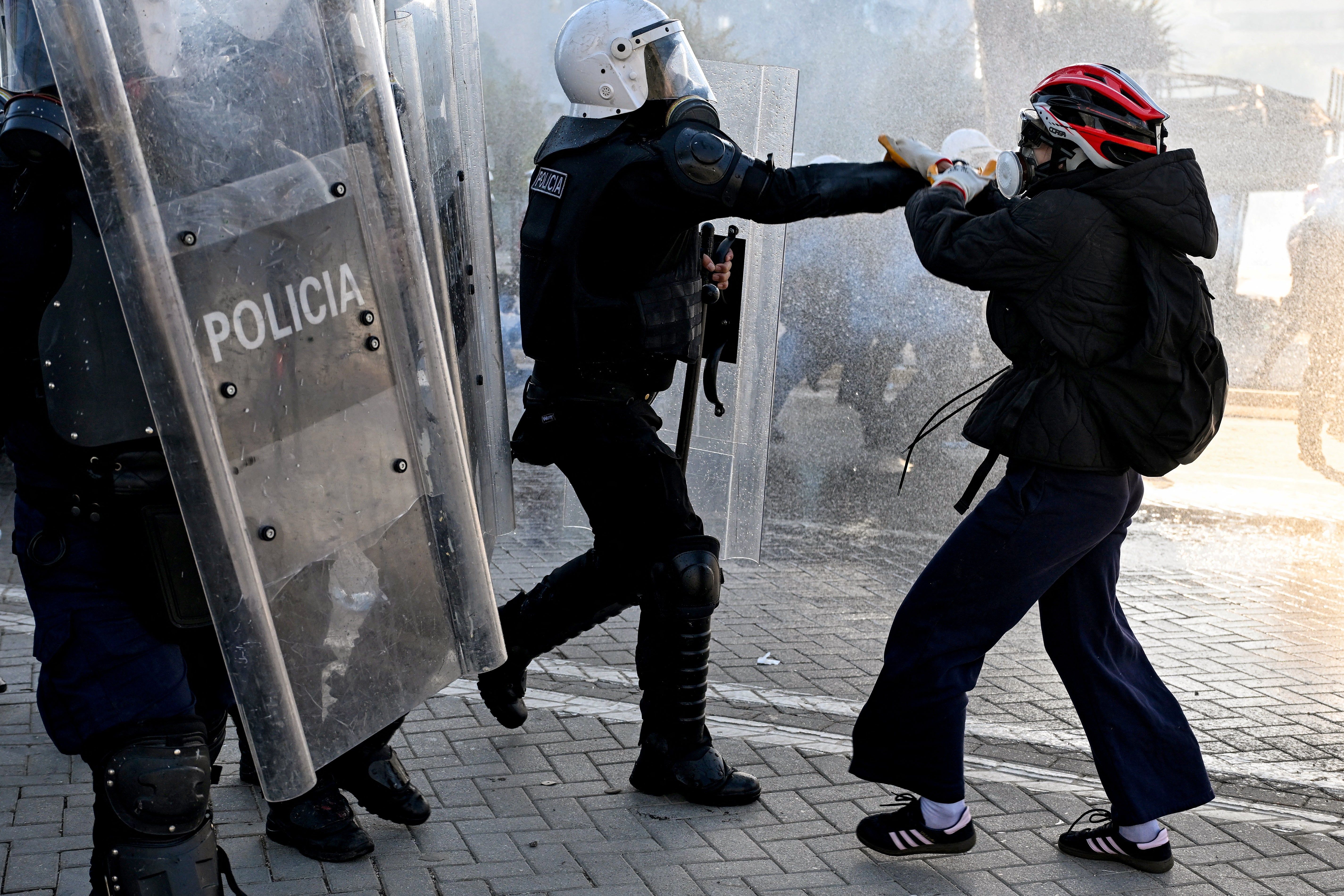 A protester clashes with a police unit during an anti-government demonstration in central Tirana