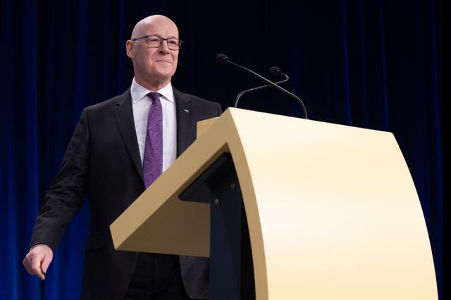 John Swinney delivers his keynote speech in Aberdeen (Jane Barlow/PA)