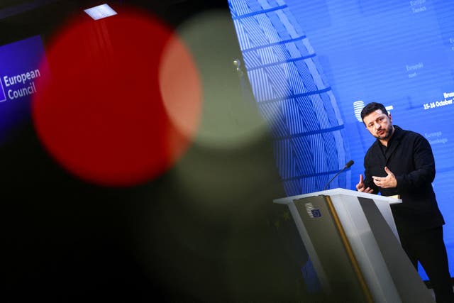 Ukrainian president Volodymyr Zelensky speaks during a press conference at a European Union leaders' summit in Brussels, Belgium, 16 October 2026