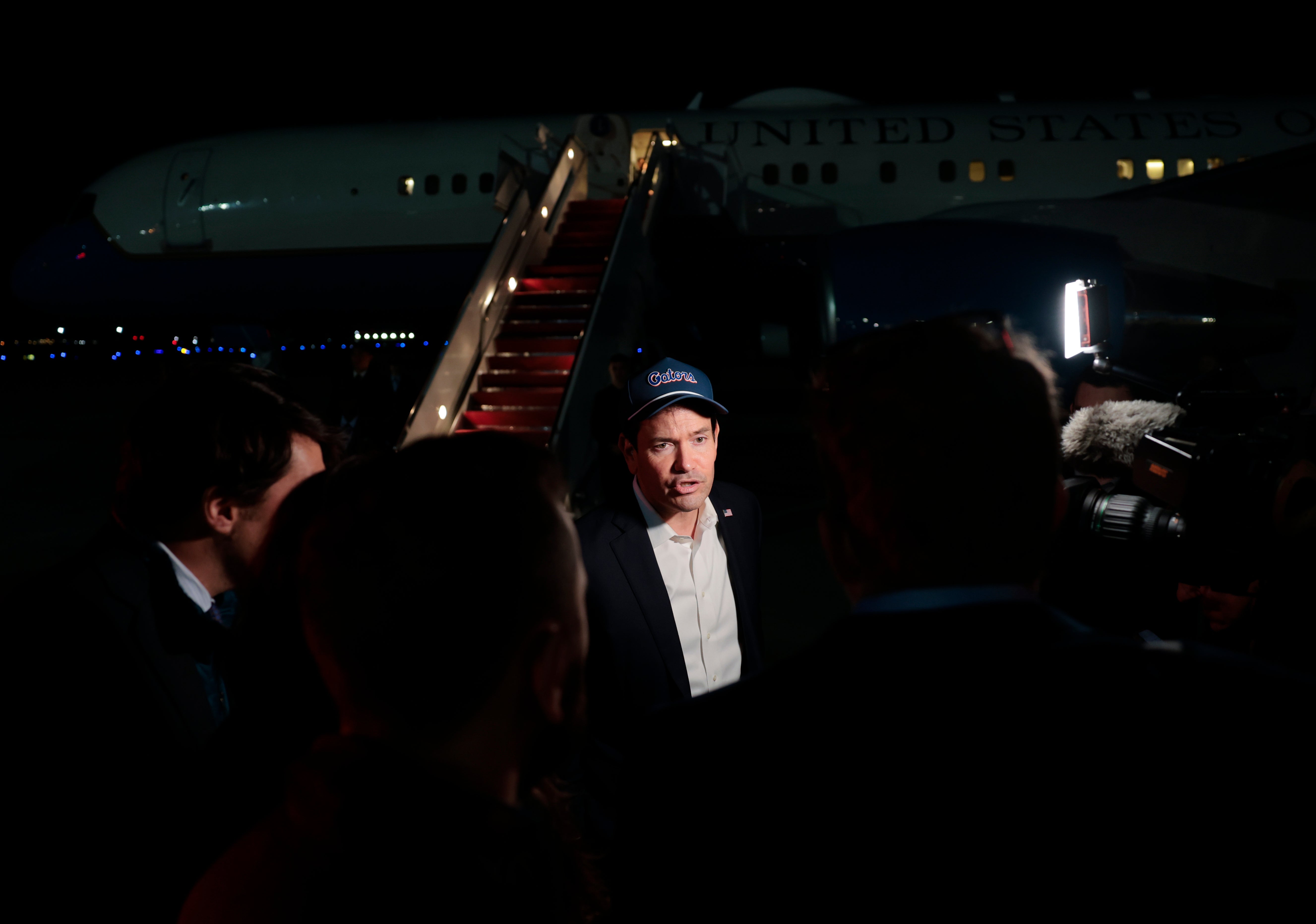 US secretary of state Marco Rubio speaks with members of the media before boarding a plane en route to Uzbekistan, at Joint Base Andrews