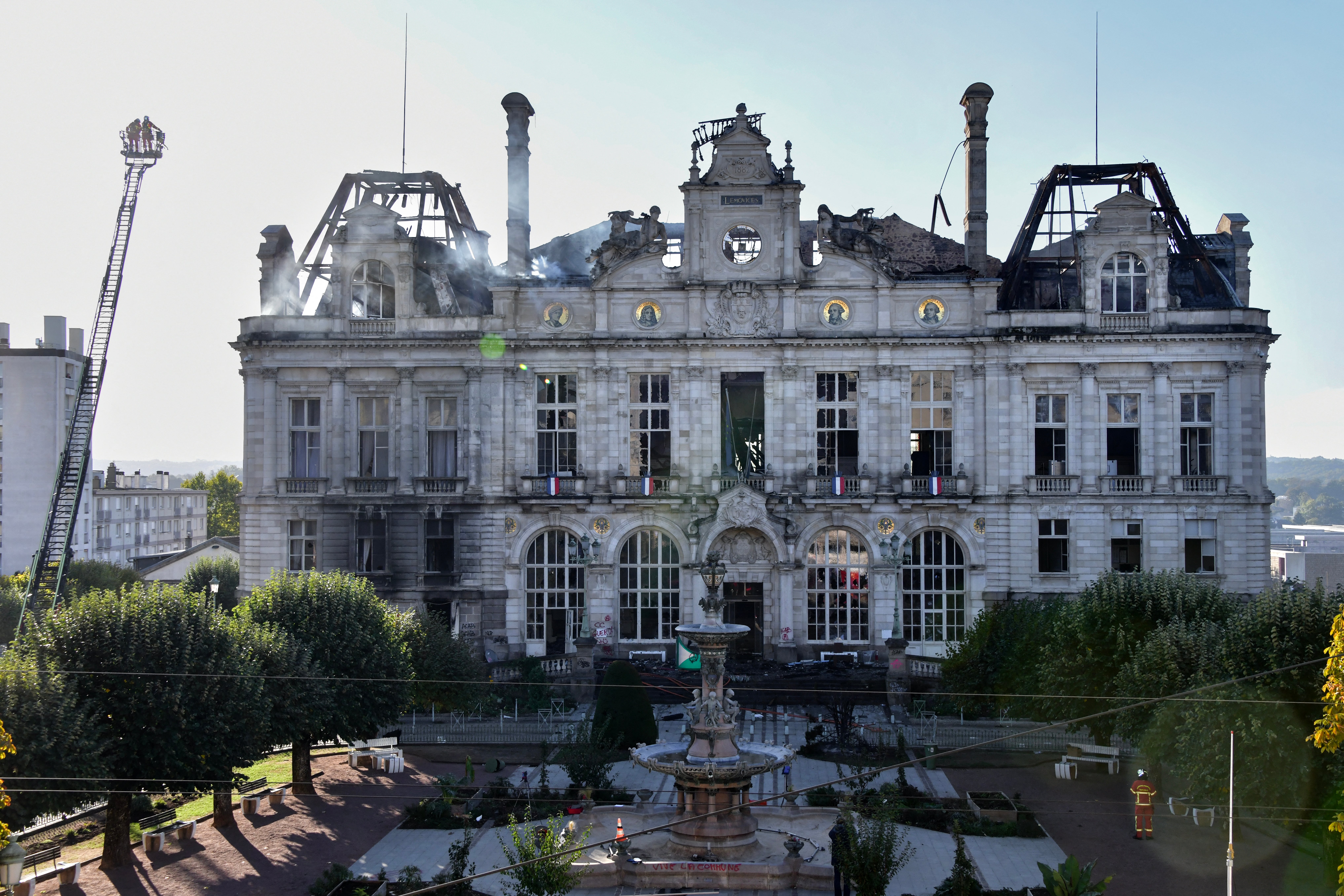 The partially burnt facade of the Limoges city hall