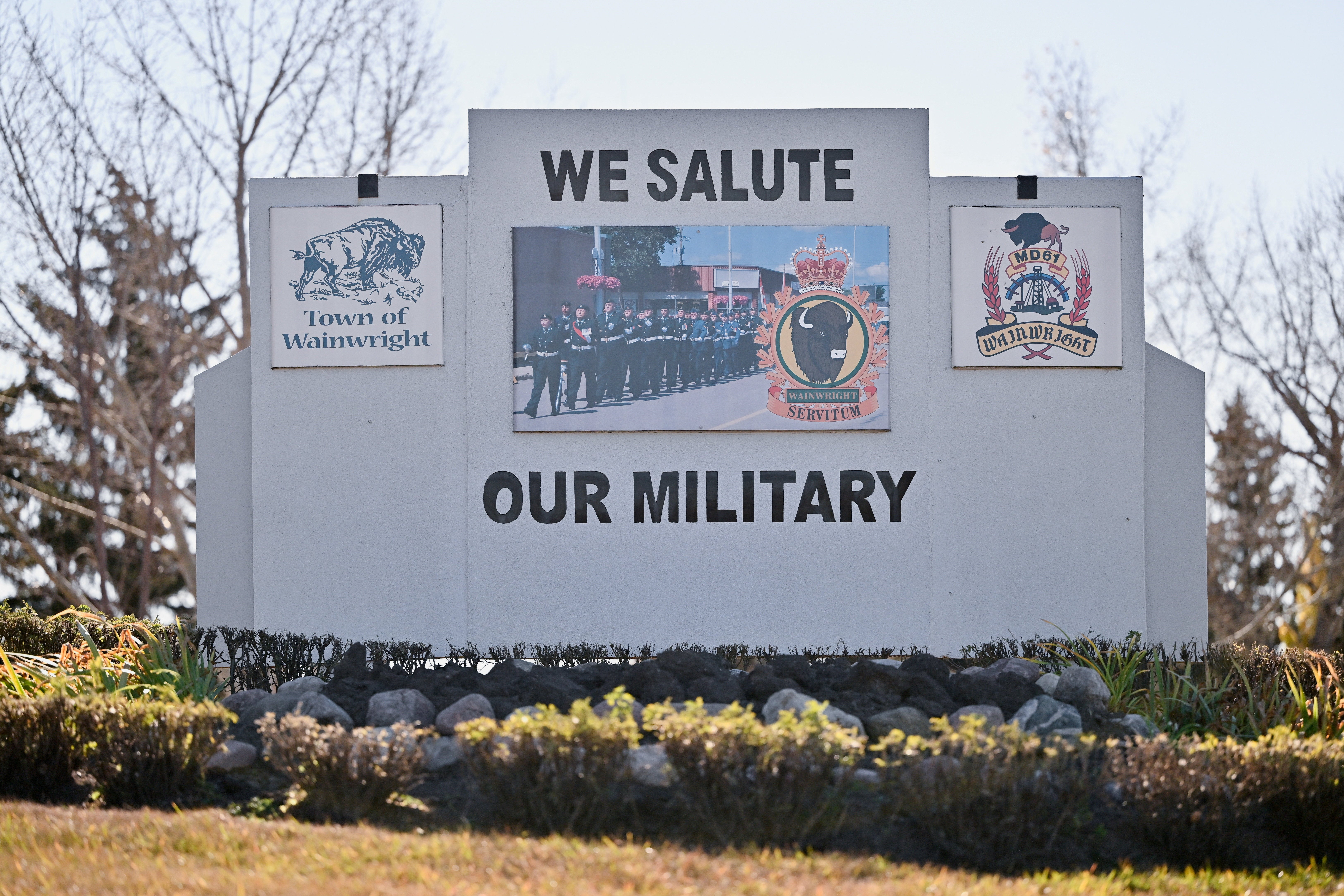 A sign for the military, the day after a serious incident that resulted in a fire caused deaths and injuries, in Wainwright, Alberta, Canada, October 18, 2026. REUTERS/Jennifer Gauthier