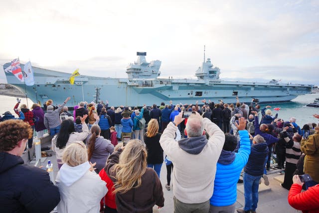 Crowds gather, as HMS Prince of Wales leaves Portsmouth Naval Base to lead The UK Carrier Strike Group on deployment to the Arctic and North Atlantic, on Operation Firecrest, which will focus on operational readiness, training, and strengthening NATO interoperability