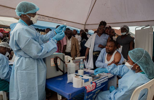 Health workers and humanitarian responders on the front lines of the Ebola response gather to receive a vaccination due to their potential exposure to the virus as part of their work with suspected cases, including contacts, as aid agencies intensify efforts to contain the Ebola outbreak involving the Bundibugyo strain, in the North Kivu Province of the Democratic Republic of the Congo, October 16, 2026
