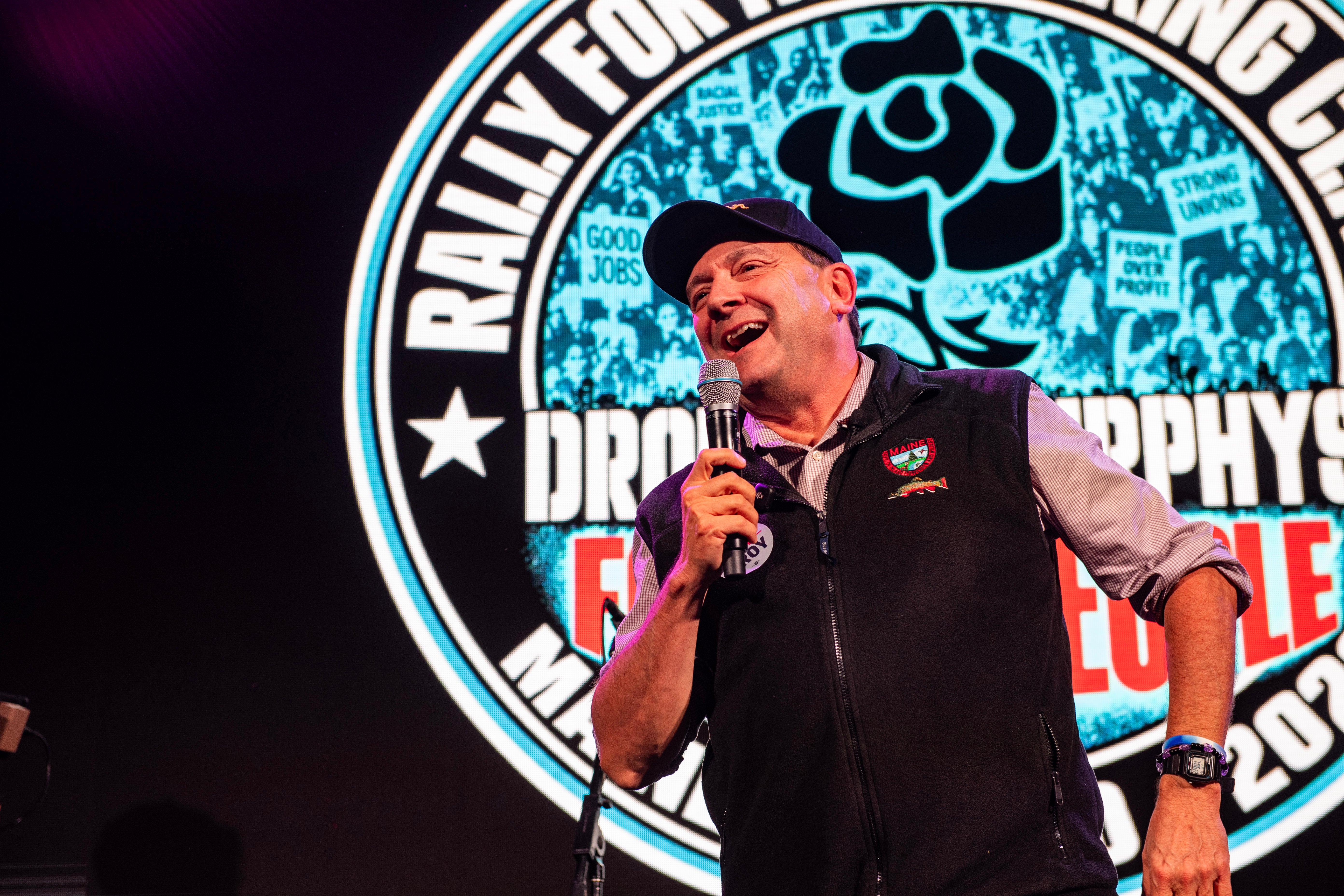Troy Jackson speaks to union workers and supporters at a rally with the Dropkick Murphys on October 16, 2026 in Biddeford, Maine
