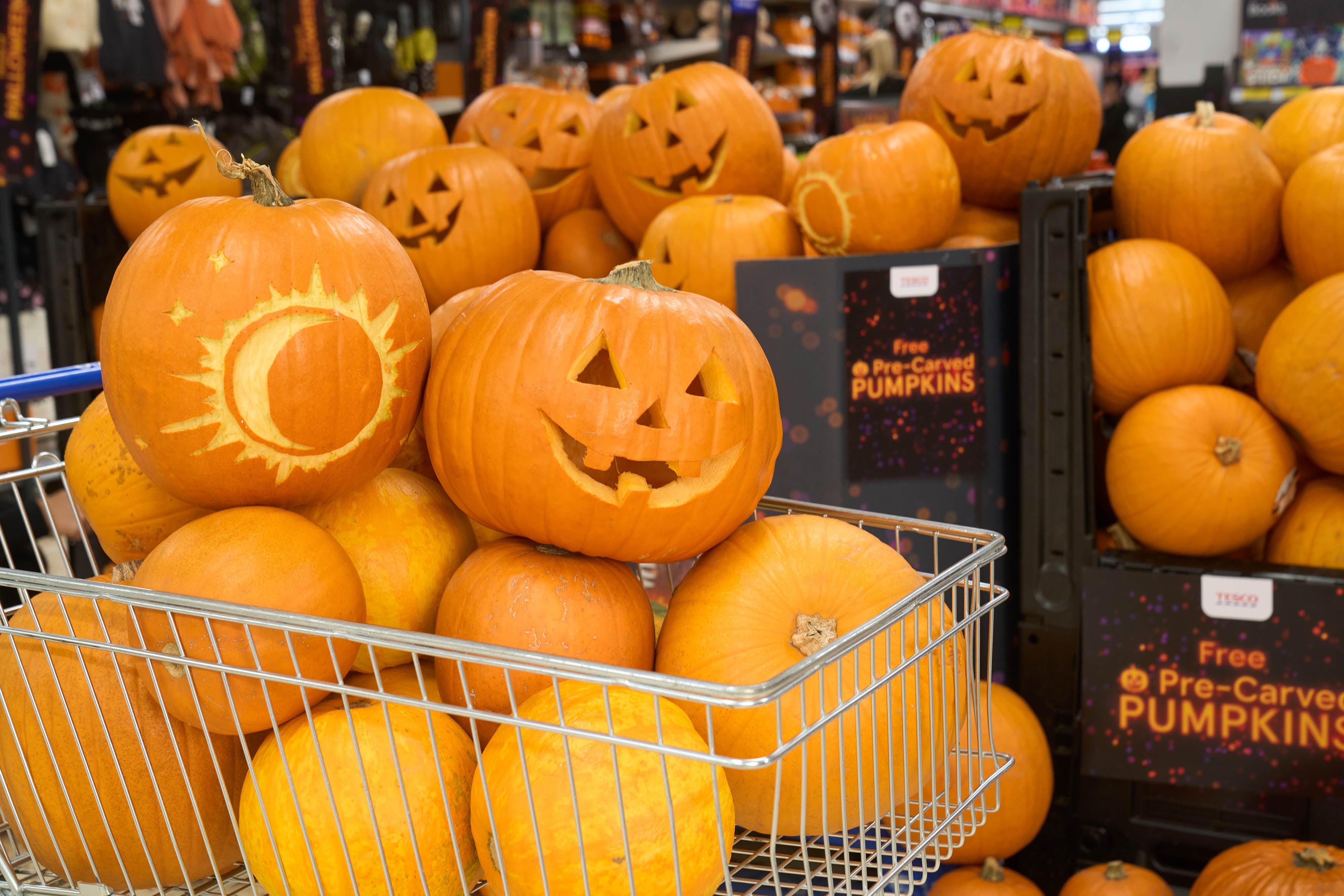 General view of pre-carved pumpkins at Tesco Extra in Borehamwood