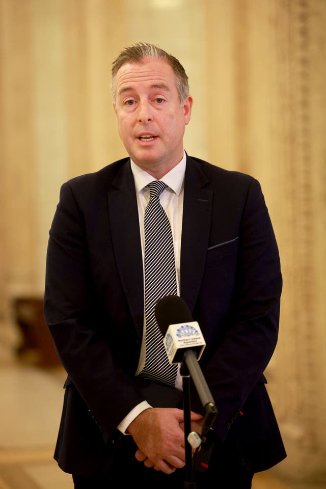 Education Minister Paul Givan speaking to the media at Parliament Buildings, Stormont in Belfast.