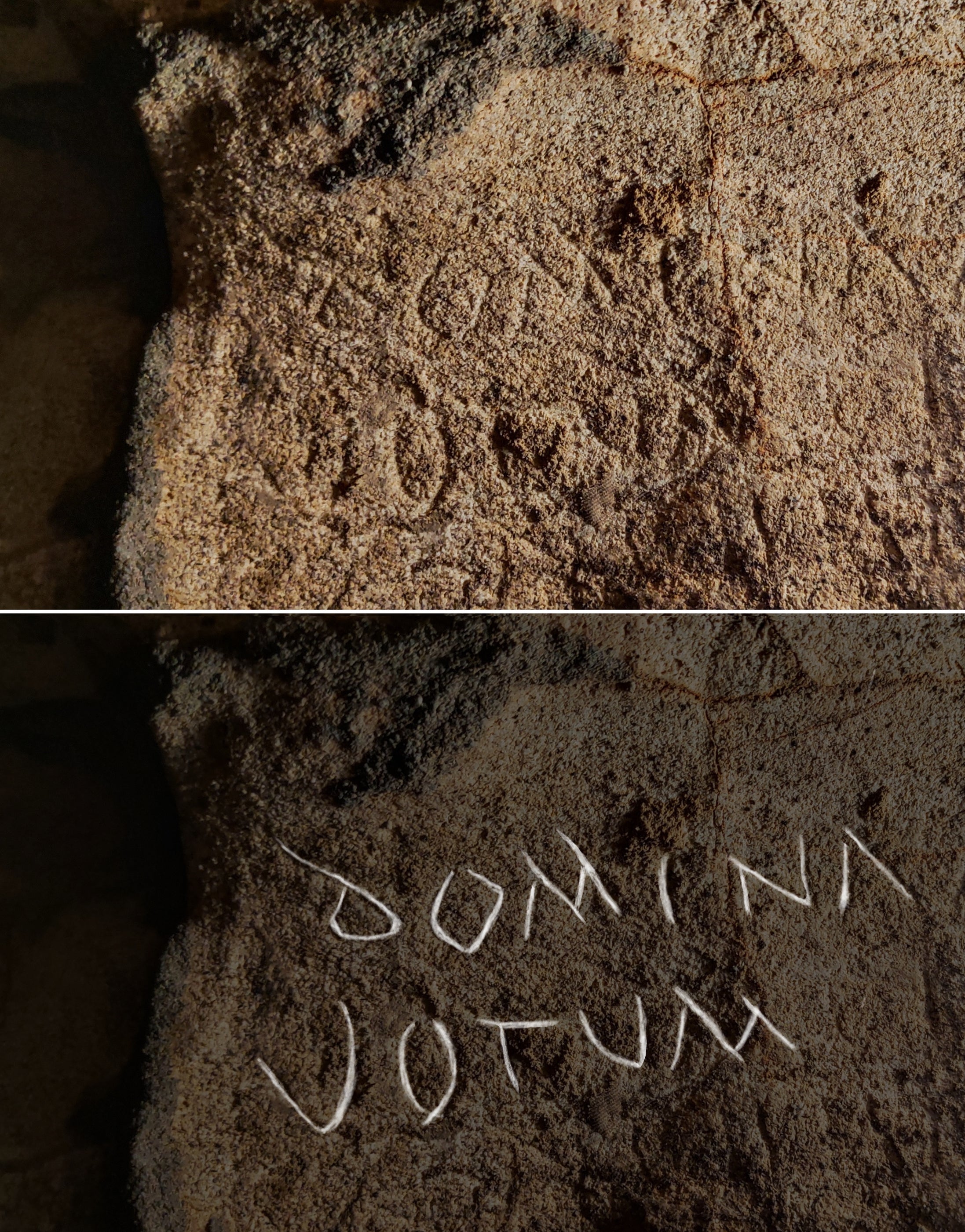 A message to the goddess, inscribed on the side of the Spanish cave some 2000 years ago. It reads 'domina votum' which means ‘[I make] a vow [and/or a sacred offering] to the goddess.’ The vow and sacred offering would almost certainly have been made to encourage the goddess to help the supplicant in some way, probably in terms of fertility or health.