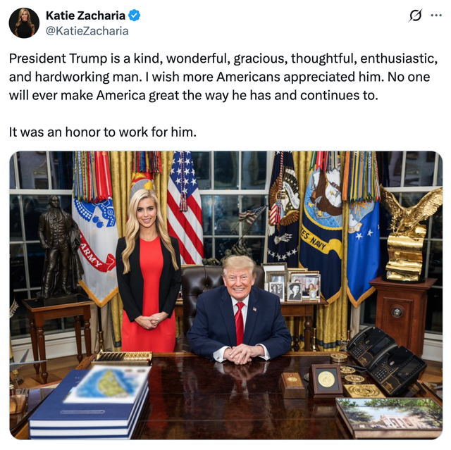 Former White House press secretary Katie Zacharia posted a pair of farewell tweets paying tribute to President Donald Trump, the first of which had a blurred map in the corner