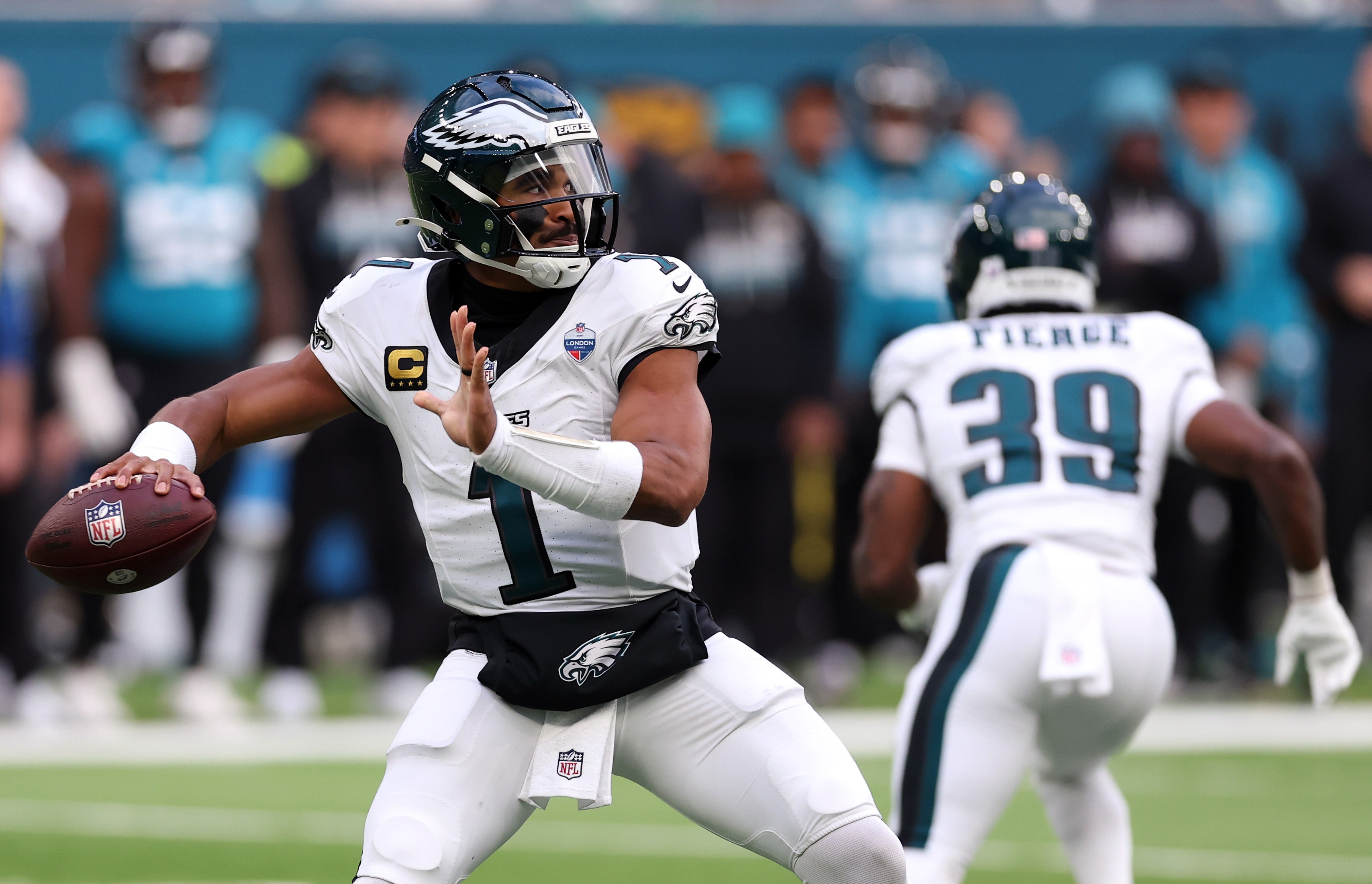 Jalen Hurts of the Philadelphia Eagles looks to throw the ball vs Jacksonville Jaguars in London