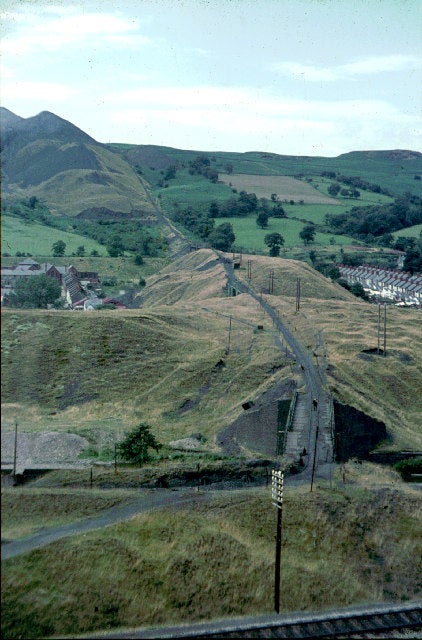 The Aberfan Colliery spoil tramway in 1964, with spoil heaps at top left