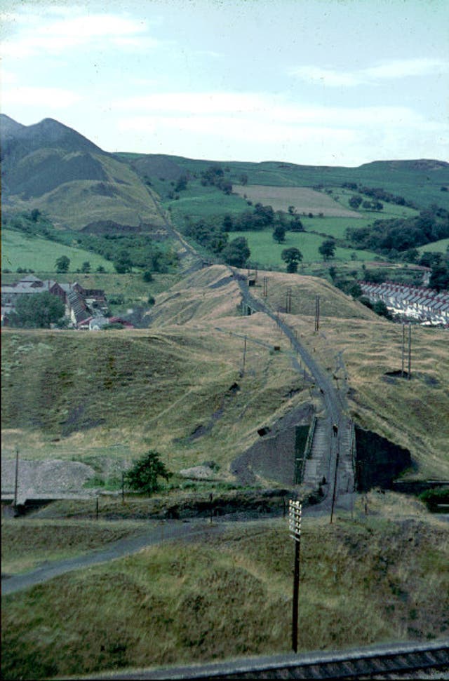 The Aberfan Colliery spoil tramway in 1964, with spoil heaps at top left