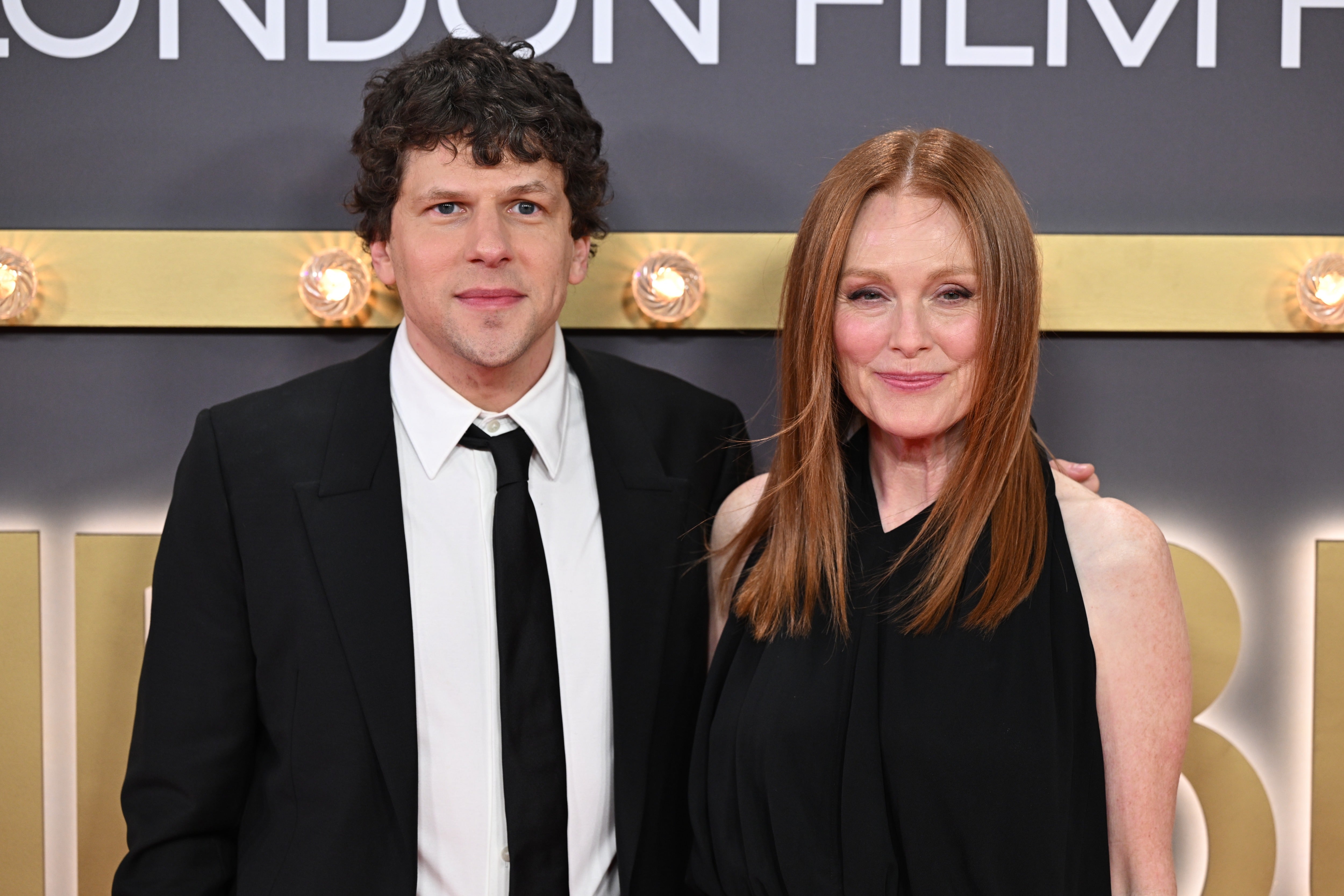 Jesse Eisenberg and Julianne Moore attend the premiere of The Debut at London Film Festival on Sunday, 18 October.