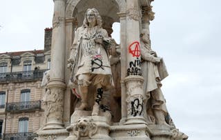 View of the Fontaine des Jacobins which was vandalised during clashes that erupted during a national day of demonstrations against the cost of living and rising fuel prices, in Lyon