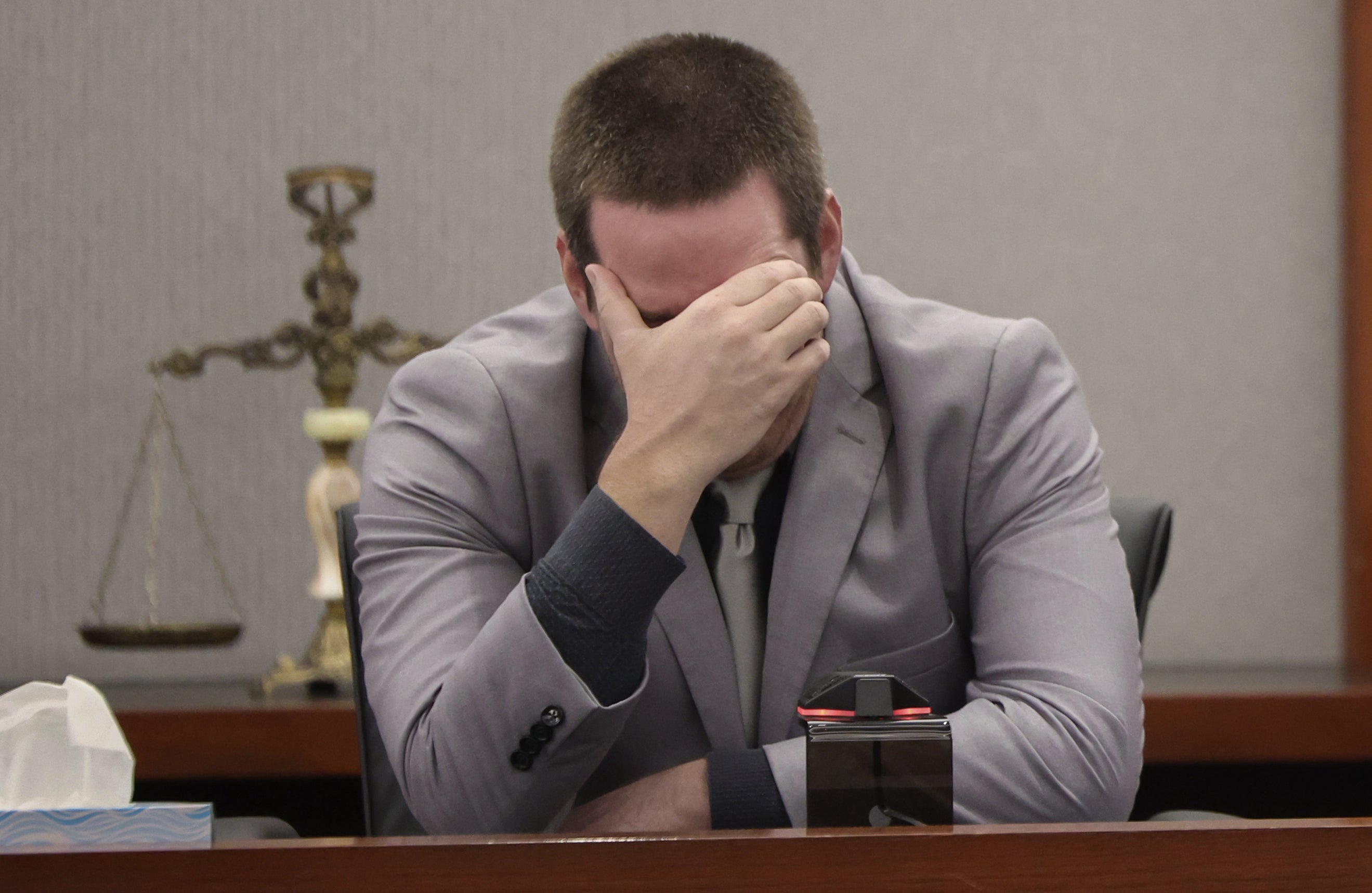Mitchell Fairbarn breaks down while testifying during his trial at the Regional Justice Center Friday, Oct. 16, 2026, in Las Vegas