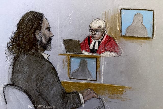 Russell Brand appearing in the dock at Southwark Crown Court