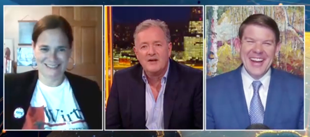West (left) spoke with Piers Morgan (center) and conservative commentator Ben Ferguson (right) on Monday’s Piers Morgan Uncensored, admitting she had three beers before the viral interview earlier this month