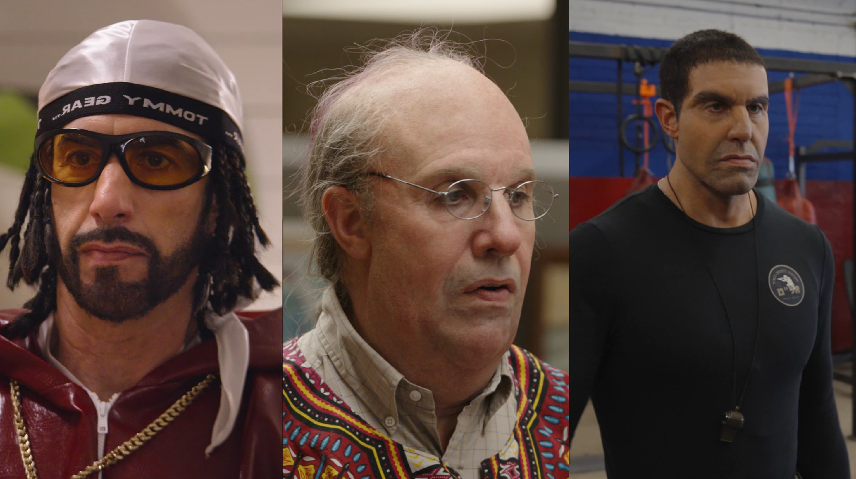 The three characters Baron Cohen plays: Ali G, Dr Nira Cain-N’Degeocello, and Erran Morad