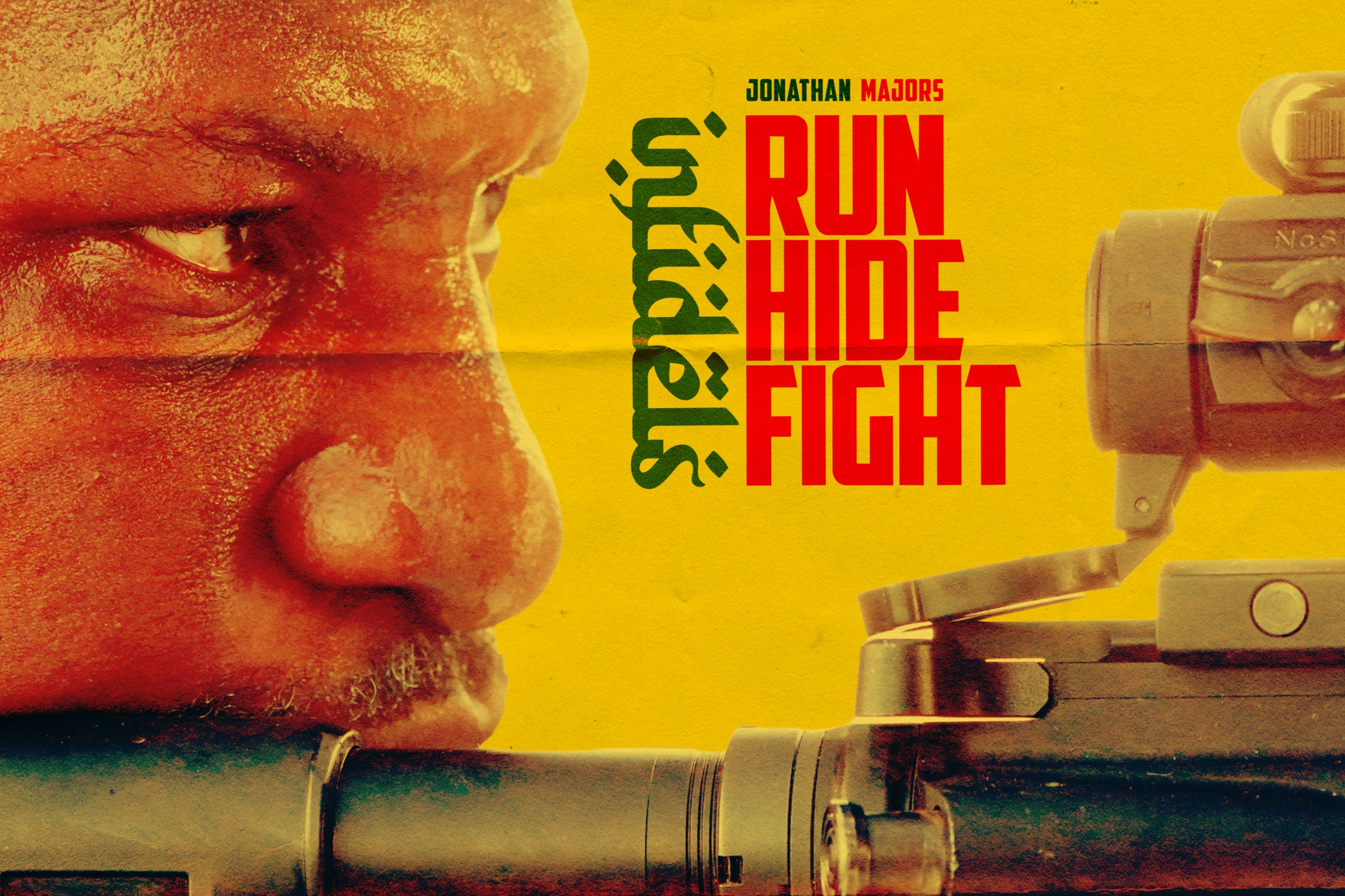 Jonathan Majors appears on the poster for the Daily Wire's 'Run Hide Fight: Infidels', his first movie role since his conviction for assaulting his ex-girlfriend