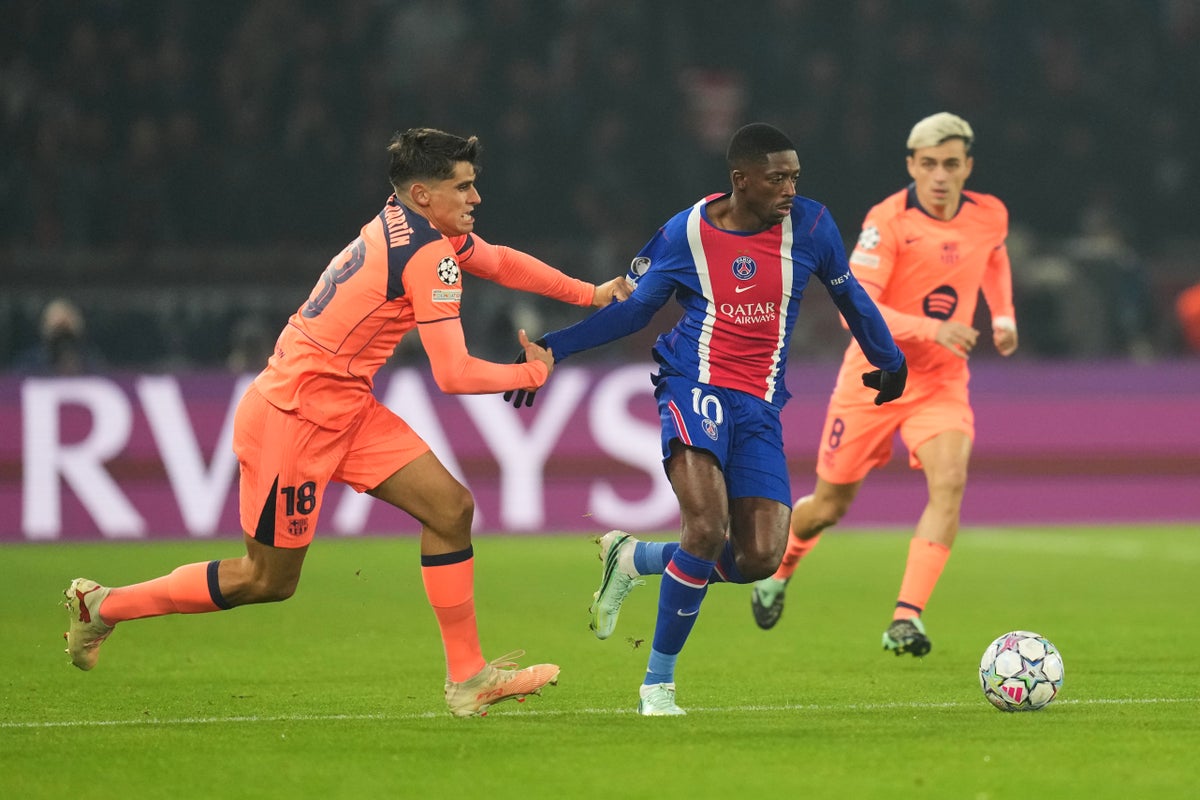 PSG v Barcelona LIVE: Dembele subbed off early with hamstring injury after Kvaratskhelia hits post