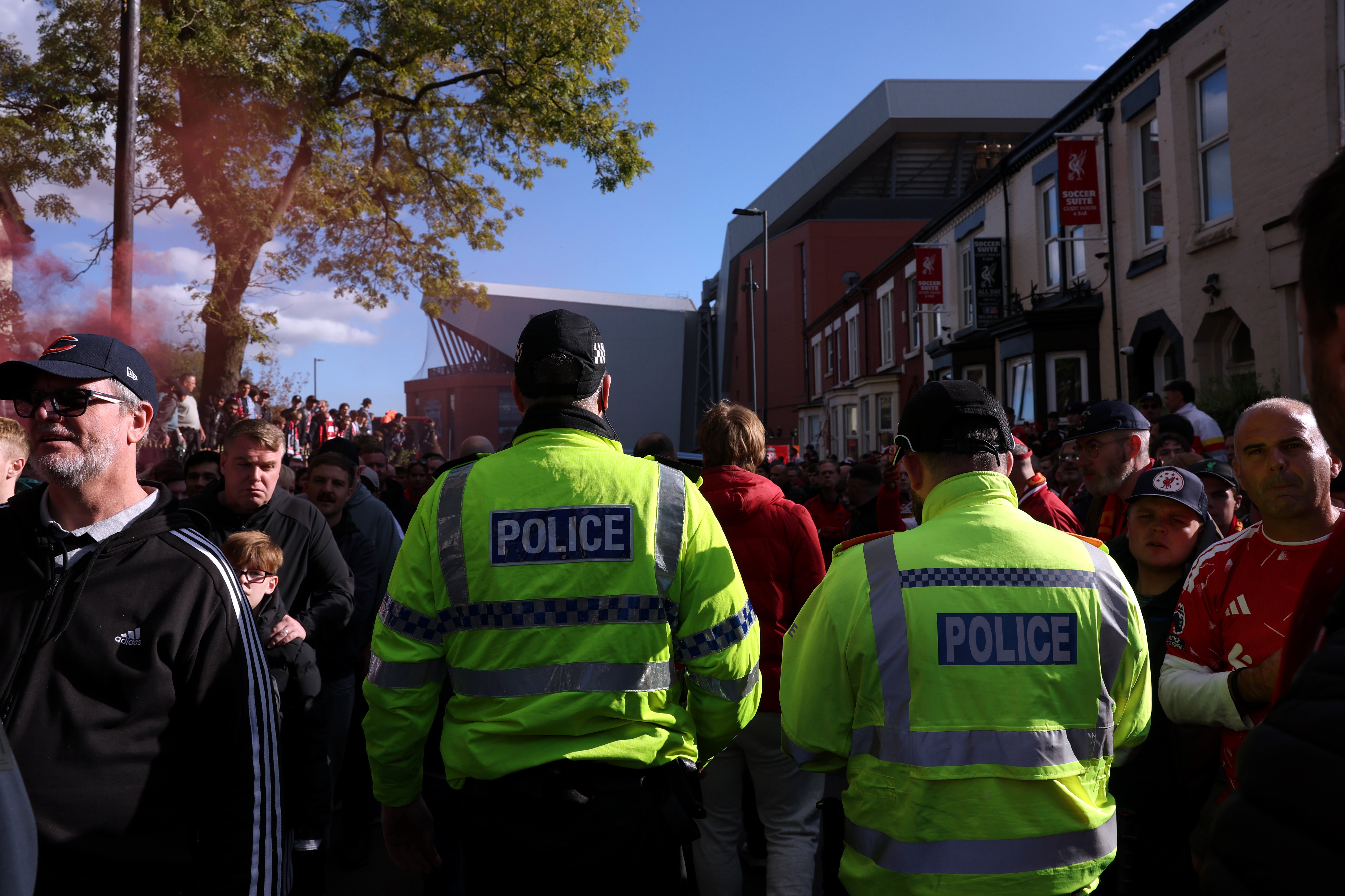 Police officers are seen outside the stadium before the Premier League 2026/27 match between Liverpool FC and Manchester City