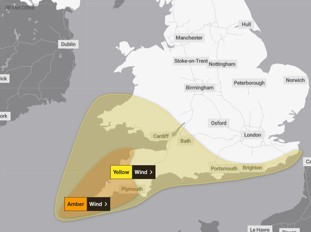 The amber warning is in place between 3am and 10am on Friday for Cornwall, Devon, the Isles of Scilly and Plymouth, where gusts of 60 to 70 mph will develop with some exposed areas expecting 80 mph