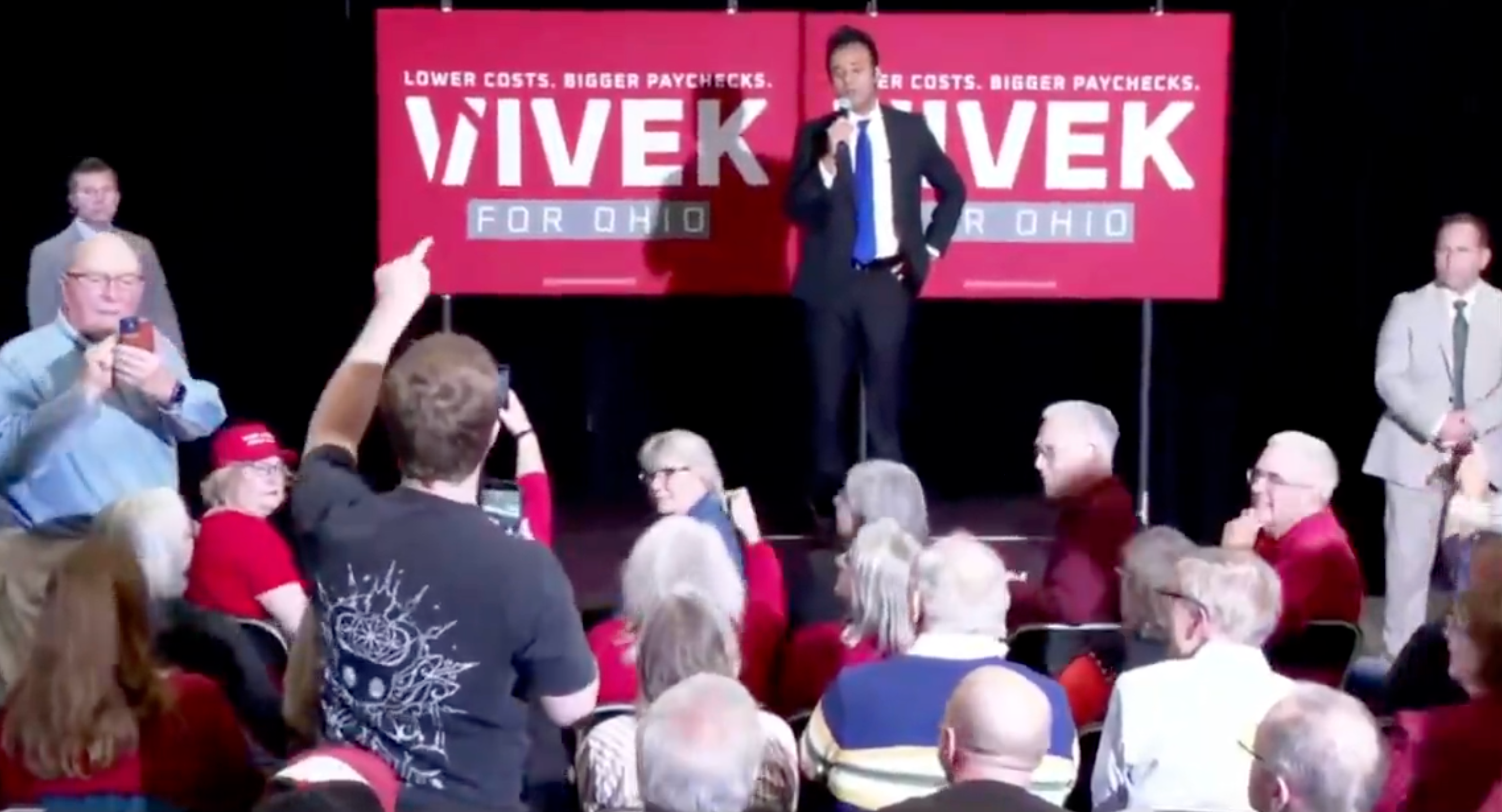 Ohio Republican gubernatorial candidate Vivek Ramaswamy was confronted by a furious heckler at his campaign event in Columbus Tuesday