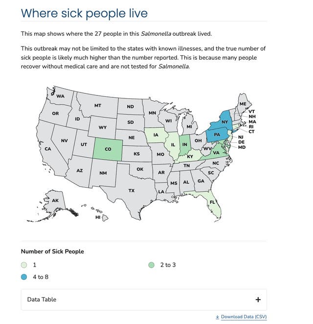 A CDC map shows where people sickened in the outbreak live. The states in blue have the most cases
