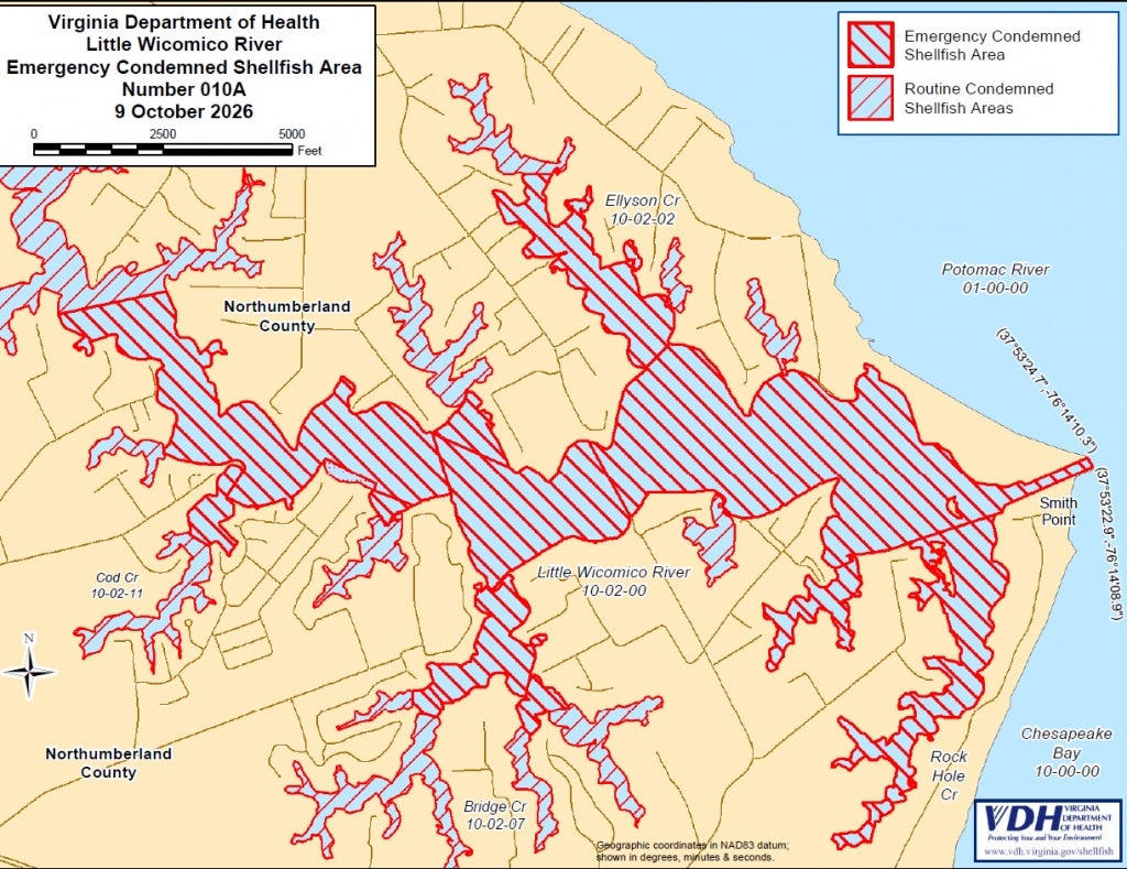 This Virginia Health Department map shows the harvest area that's been closed following the outbreak