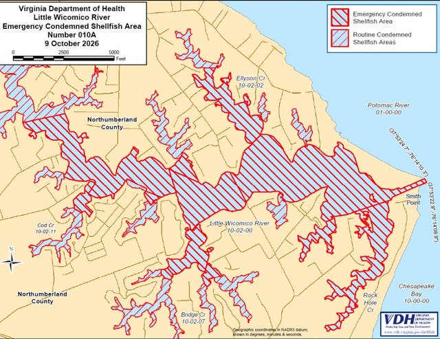 This Virginia Health Department map shows the harvest area that's been closed following the outbreak