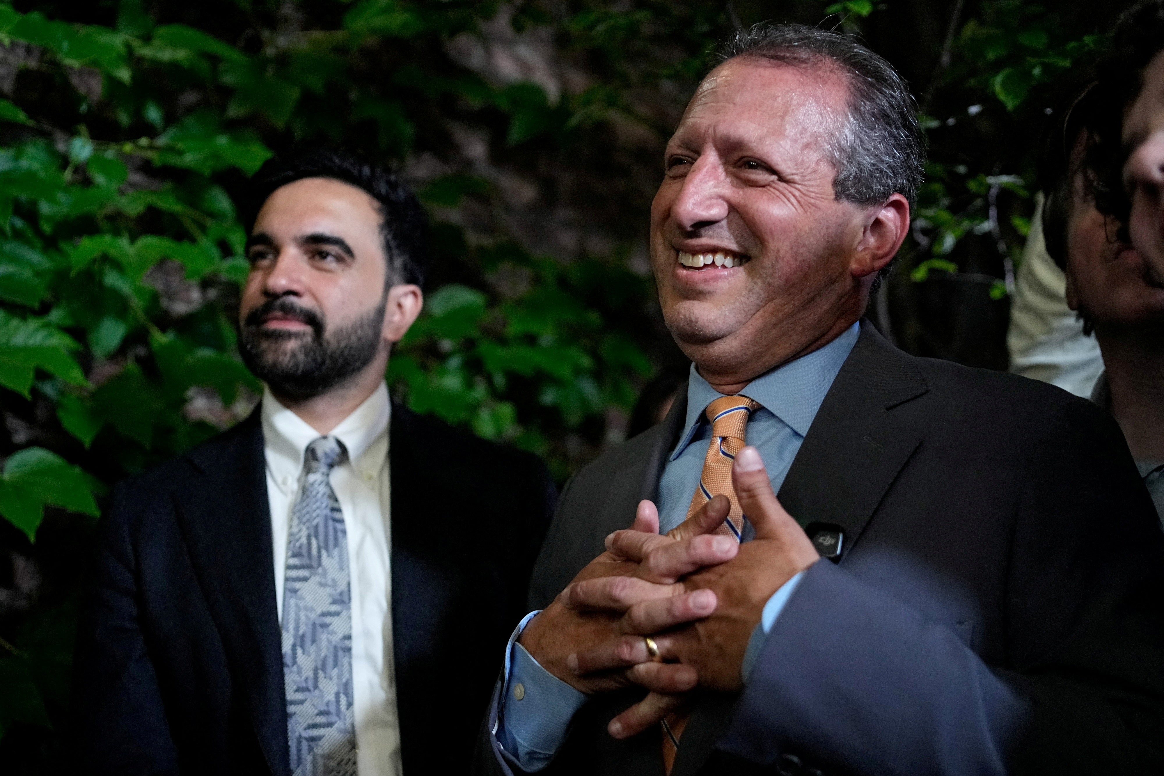 Brad Lander, candidate for New York’s 10th Congressional District and New York City Mayor Zohran Mamdani, attend the watch party after winning the primary elections in Brooklyn, New York, U.S., June 23, 2026