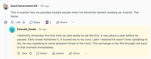 ‘I distinctly remember the first time my dad spoke to me like this. It was about a year before he passed,’ wrote Emerald_Panda