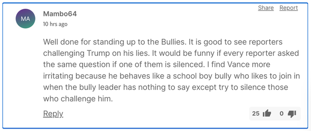 ‘Well done for standing up to the Bullies,’ wrote Mambo64