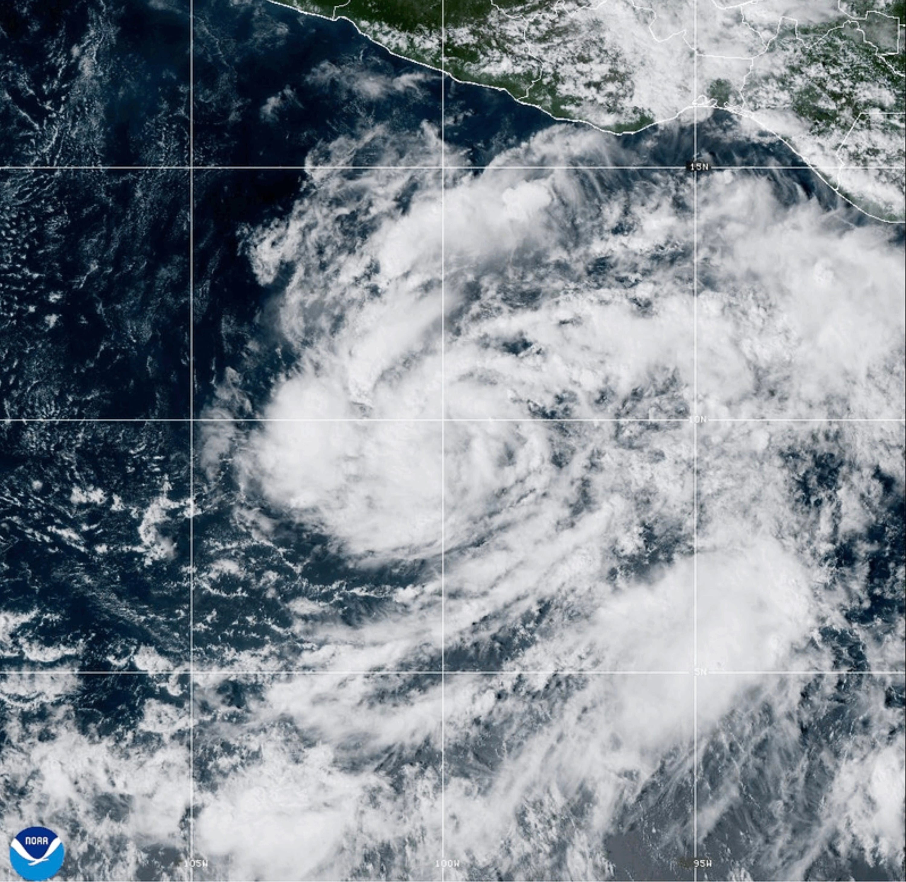 This satellite image from the National Oceanic and Atmospheric Administration shows Tropical Storm Vance strengthening in the Pacific Ocean on Wednesday, Oct. 21, 2026